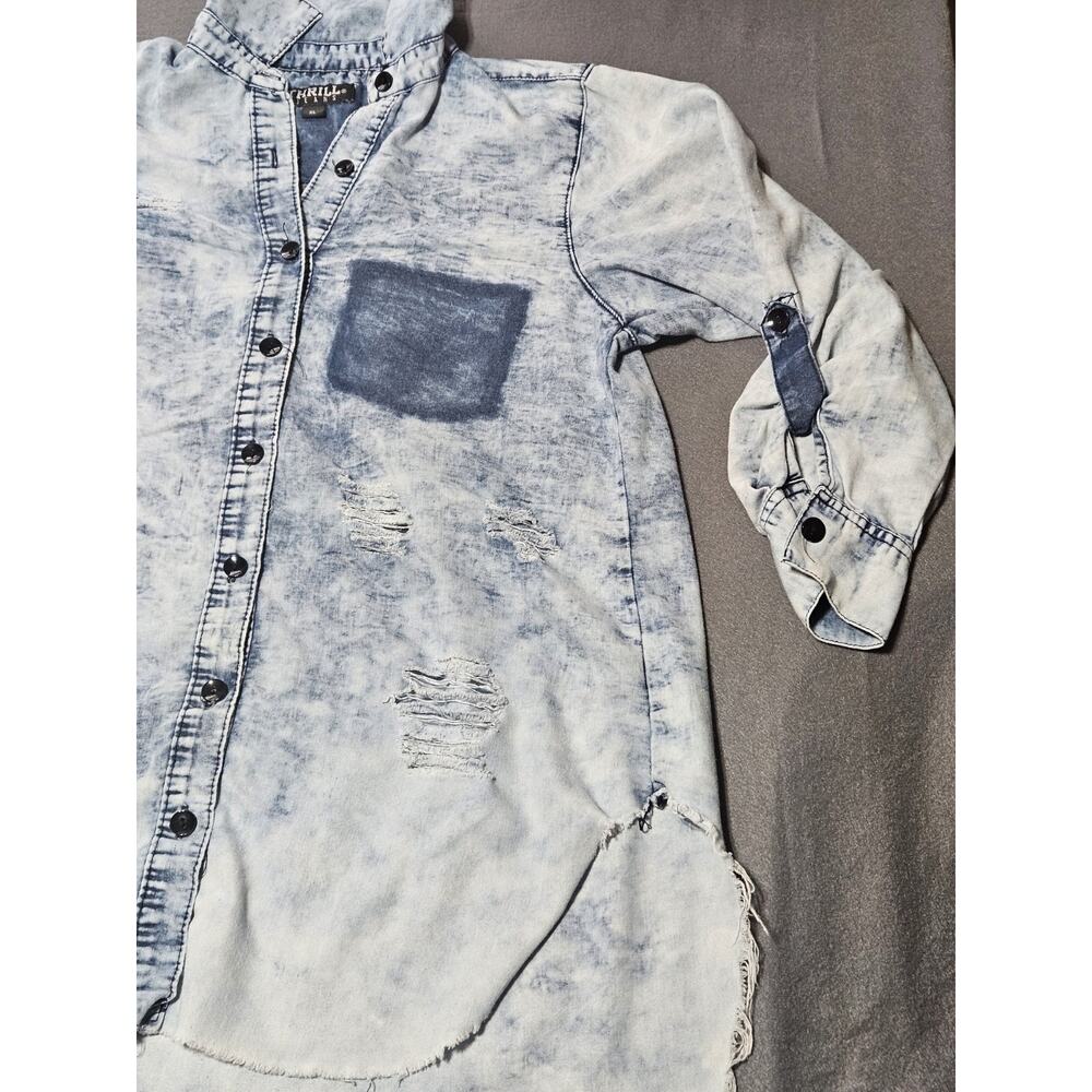 Thrill Jeans Shirt Womens Extra Large Buttoned Destroyed Distressed Denim Shirt - Picture 2 of 8